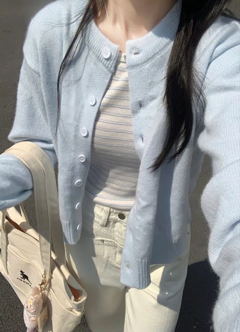 Blue Outfit Korean, Cardigan Outfit Korean, Modest Girly Outfits, Fashion Top Outfits, Korean Casual Outfits, Casual Chic Outfit, Simple Trendy Outfits, Blue Outfit, 가을 패션