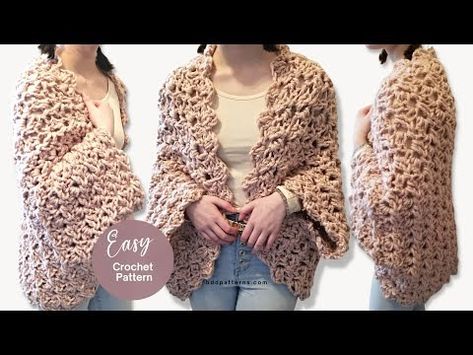 (1597) How To Crochet A Cocoon Cardigan In A Day--Free Crochet Pattern - YouTube Free Crochet Shrug Patterns, Cocoon Cardigan Pattern, Crochet Shrug Cardigan, Quick Crochet Projects, Crochet Wrap Pattern, Crochet Shrug Pattern, Shrug Pattern, Womens Crochet Patterns, Crochet Shawl Pattern Free