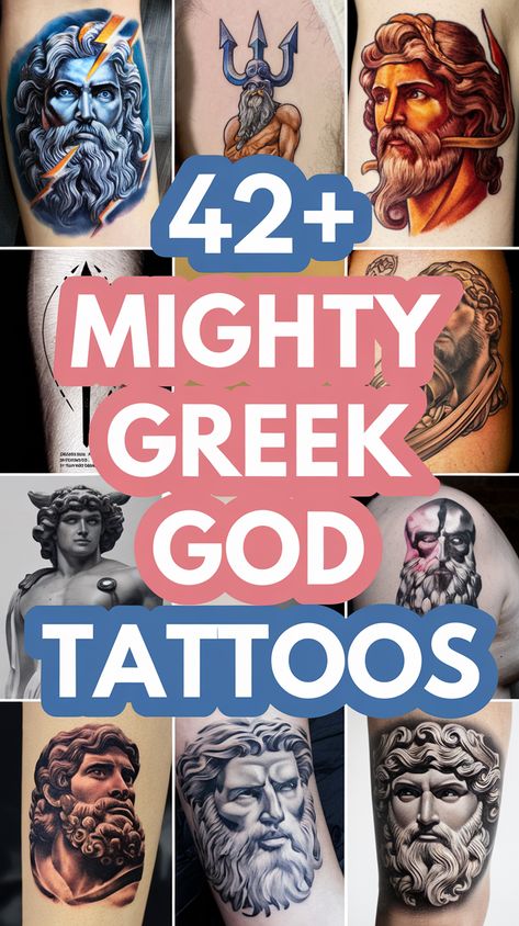 A collection of stunning Greek god tattoos featuring intricate designs of Zeus and Poseidon, capturing mythical power with detailed artistry and vibrant colors. Greek God Tattoo Ideas, Greek God Tattoos, God Tattoo Ideas, Greek God Tattoo, God Tattoo, God Tattoos, Greek God, Greek Gods, Tattoo Ideas