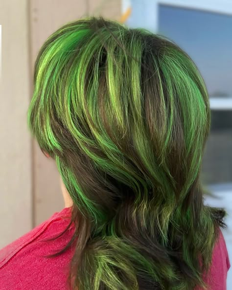 Green green green💚 Green highlights w/ mullet hair cut - used @dangerjonescreative neon green with Emerald green as equal parts to achieve this beautiful green color #neongreenhair #dangerjonescreative #green #greenhair #dangerjonesneon #greenhighlights #fypage #explore #arizonahairstylist #creativecolor #neonhair #shyannehightower Green Underside Hair, Vibrant Green Hair, Toxic Green Hair, Bright Green Hair Color, Neon Green And Orange Hair, Green Shag Hair, Black Hair With Green Streaks, Blonde Hair With Green Highlights, Green Hair Tips