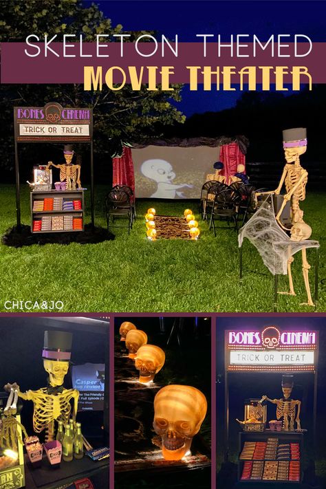 Skeleton Movie Theater Halloween Movie Craft, Trick Or Treat Trail Ideas, Outdoor Trick Or Treat Table, Movie Theater Halloween Theme, Skeleton Movie Theater, Camp Ground Halloween Decorations, Movie Theater Trunk Or Treat Ideas, Trick Or Treat House Ideas, Halloween Movie Theater