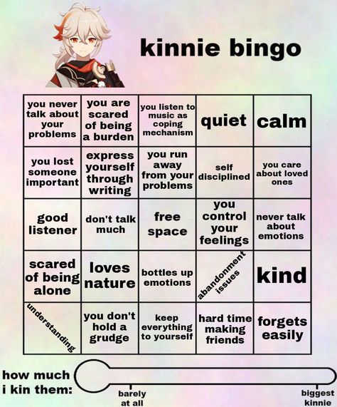 template made by @/strawberrymilkxoxo Kazuha Kinnie Bingo, Kazuha Kinnie, Kinnie Bingo, Bingo Night, Scared To Love, Bingo Sheets, Bingo Template, Writing Fantasy, Meme Template