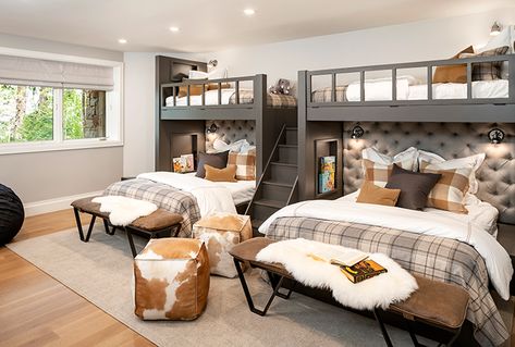 More to See: A Better than Ever Deer Valley Home - Utah Style and Design Twin Bunk Over Full Bed, Guest Bedroom Ideas Cabin, Adult Bunk Beds For Small Room, Adult Bunk Beds Guest Rooms, Lakehouse Remodel, Chalet Modern, Cabin Fun, Bunk Room Ideas, Tahoe House