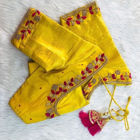 Lemon Yellow Saree With Contrast Blouse, Yellow Blouse Design Embroidery, Yellow Blouse Design Silk, Yellow Blouse Design, Yellow Blouse Designs, Prabha Blouses, Blouse Inspiration, Magam Work, Blue Blouse Designs