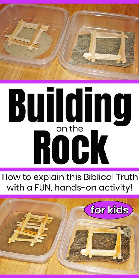 Wise Man Built His House Upon The Rock Activities, Bible School Activities For Kids, Building Your House On The Rock Lesson, Object Bible Lessons For Kids, Hands On Bible Lessons For Kids, Wise Man Built His House Upon The Rock Craft, House On Rock Craft Bible, Wise Man Built His House On A Rock Craft, Christian Stem Activities