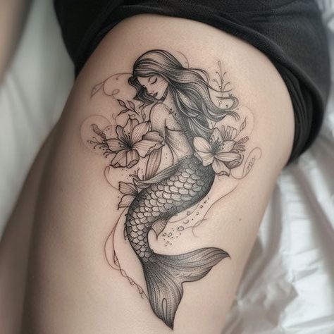 Mermaid Tattoo Design Set Mermaid Tattoos For Men Ideas, Thigh Mermaid Tattoo, Pretty Mermaid Tattoo, Side Mermaid Tattoo, Skull Candy Tattoos For Women, Mermaid Foot Tattoo, Mermaid Spine Tattoo, Pinup Mermaid Tattoo, Cover Tattoo Ideas Women