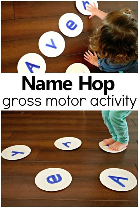 Name Hop Gross Motor Name Activity-Such a fun way to teach preschoolers to recognize their name! #preschool #nameactivity #grossmotor Name Activities Preschool, Name Activity, Preschool Names, Gross Motor Activity, Name Practice, Name Activities, Gross Motor Activities, Preschool Literacy, Skills Activities