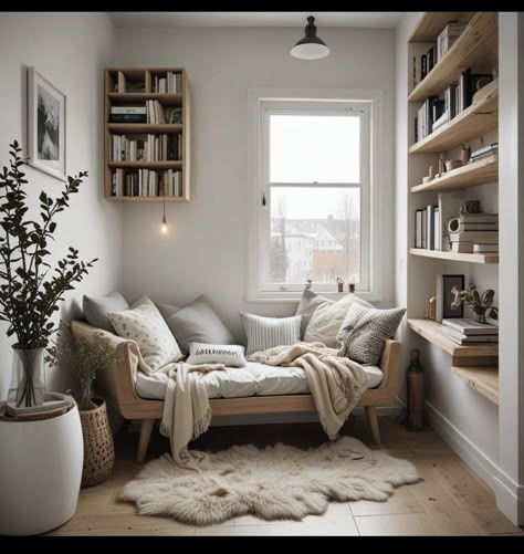 Small Cozy Appartement, Tiny Snug Room Ideas, Cosy Reading Room, Scandinavian Reading Nook, Cozy Bedroom Nook, Cosy Corner Ideas, Bedroom Corner Ideas Cozy Nook, Small Snug Room Ideas, Small Reading Room Ideas