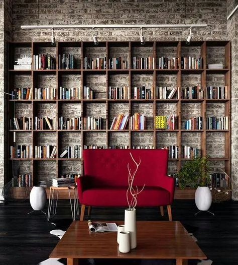 18 Incredible Home Libraries Every Book Lover Will Appreciate Modern Bookcase Design, Home Library Design Ideas, Brick Wall Ideas, Red Couch, Bookcase Design, Library Furniture, Home Library Design, Living Room Red, Bookshelf Design