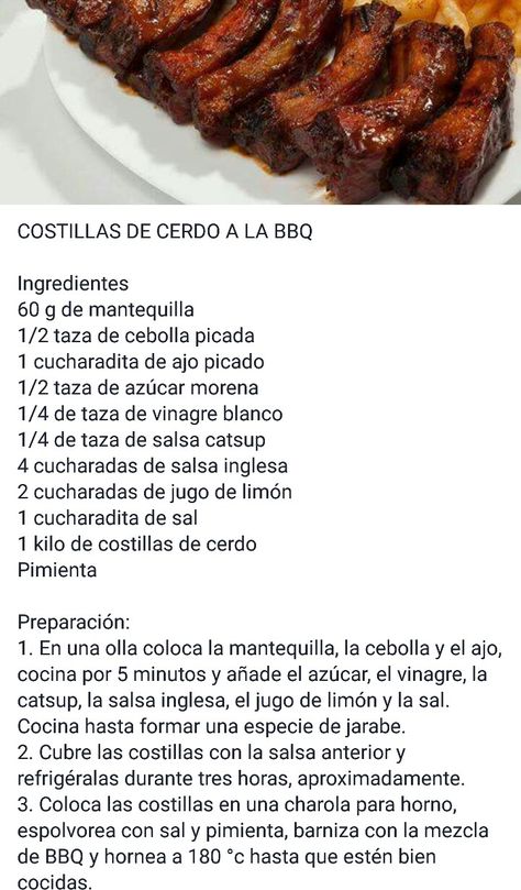 Costillas a la BBQ. Costillas Bbq, Boricua Recipes, Mexico Food, Homemade Dinner Rolls, Mexican Food Recipes Easy, Health Dinner Recipes, Barbecue Recipes, Rib Recipes, Chicken Dishes Recipes