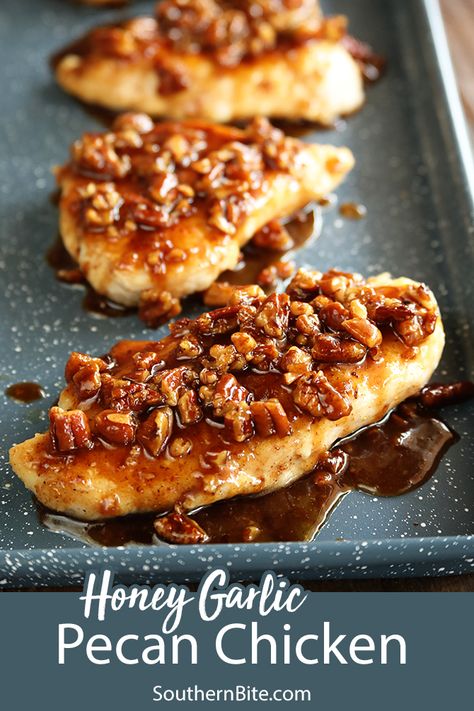 This recipe for Honey Garlic Pecan Chicken is impressive, but so easy.  It's perfect for a busy weeknight but fancy enough for company. Fancy Delicious Dinners, Healthy Pitch In Food Ideas, Fancy Recipes Dinner, Nice Dinner Recipes, Impressive Dinner Recipes, Amazing Food Recipes, Fancy Meals, Fancy Recipes, Dessert Gourmet