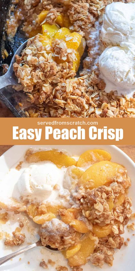 One of the simplest sweet treats you can make with either fresh or frozen peaches is our Easy Peach Crisp! This easier-than-pie dessert highlights that beautiful peach flavor and is topped with a buttery oat crumb topping that just begs for a spoonful of vanilla ice cream. Peach Crisp With Fresh Peaches, Easy Peach Crisp, Frozen Peaches, Apple Crisp Easy, Peach Syrup, Peach Crisp, Oat Crumble, Grilled Fruit, Sweet Dips