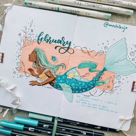 Mermaid Bujo Theme, February Cover Page, Cute Easy Animal Drawings, February Bullet Journal, Bullet Journal Spreads, Easy Animal Drawings, Bullet Journal Cover Page, Creative Juice, 3d Art Drawing