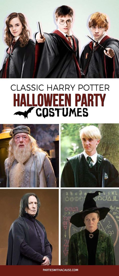 Make Halloween a breeze with these classic characters from the beloved books. Check out how easy it is to create a costume for Harry, Ron, Hermione, and Draco with links and suggestions for everything you'll need at PartiesWithACause.com #harrypotterhalloween #harrypottercostume #halloweencostume Harry Potter Character Costumes Diy, Group Harry Potter Costume Ideas, Hermione Granger Costume Women, Harry Potter Halloween Costume Ideas, Easy Harry Potter Costume Last Minute, Ron And Hermione Costume, Harry Potter Characters Costumes, Harry Potter Halloween Costumes Women, Harry Potter Family Halloween Costumes