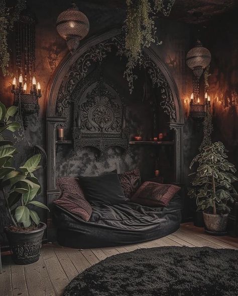 Whimsigothic Interior Design, Witch Home Interior, Goth Witch Bedroom, Witch Room Aesthetic Bedroom, Dark Forest Room Aesthetic, Forest Home Interior, Gothic House Ideas, Bedroom Witchy, Goth Forest