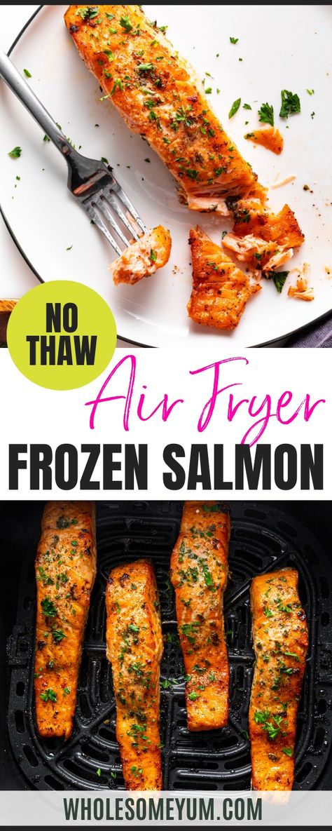 Frozen Salmon In The Air FryerShrimp In The Air Fryer Air Fryer Sirloin Steak Cod In The Air Fryer Air Fryer Boneless Chicken Thighs  - My 10-minute air fryer salmon recipe is probably my favorite way to cook this fish, but one night, I realized my fillets were frozen. We’ve all been there, right? Turns out, cooking frozen salmon in the air fryer works great, with a little trick I’ve learned. It’s the same method I use for air fryer frozen chicken wings: Start out low, then season and crank up t Salmon In The Air Fryer, Salmon Dinners, Fried Salmon Recipes, Season Salmon, Healthy Salmon Dinner, Baked Fish Fillet, Air Fryer Salmon, Organic Cooking, Frozen Salmon