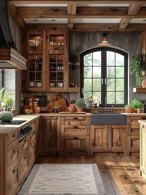 Cabinet Makeover Ideas, Log Home Kitchen, Kitchen Cabinet Makeover, Charm Aesthetic, Decor Kitchen Ideas, Modern Wooden House, Log Houses, Wooden House Design, Log Home Interiors