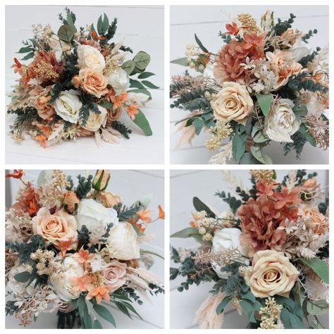 "All dimensions are total length or width. Bridal bouquet: Diameter 13\"( 34 cm) Height 12\" ( 30 cm) Bridesmaid bouquet (medium size): width 10\"( 25 cm) height 13\"( 35 cm) Thanks for visiting 😊" Bouquet Wedding Boho, Peach Wedding Bouquet, Bouquet Fall Wedding, Ivory Bridal Bouquet, Small Bridal Bouquets, Faux Bouquet, Champagne Flowers, Pastel Bouquet, Wedding Bouquets Bride