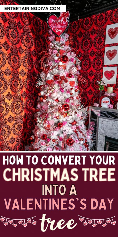 Romantic Red, Pink and White Valentine's Day Tree | Holidays Valentine Trees Decorated, Valentine Trees Ideas, Valentine’s Day Tree Ideas, Valentines Day Tree Ideas, Cupid Diy, Valentine Tree Ideas, Valentines Christmas Tree, Valentine Party Food, Valentine Trees