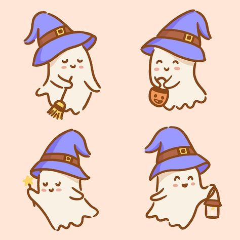 Ghost Witch Drawing, Halloween Theme Art, Ghost Illustration Cute, Witch Hat Painting, Halloween Witch Drawing, Halloween Ghost Drawing, Witch Doodles, Witch Hat Drawing, Cute Ghost Illustration