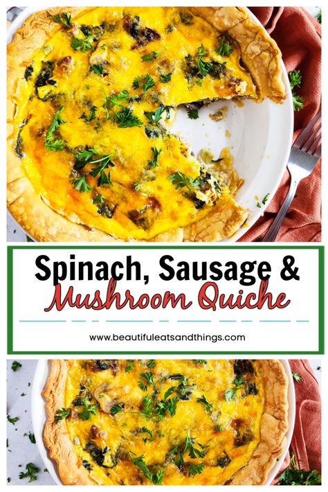 Quiche With Sausage And Cheese, Sausage Mushroom Spinach Quiche, Sausage Spinach Quiche Recipes, Mushroom Quiche Recipes Easy, Sausage Mushroom Quiche, Sausage Spinach Quiche, Quish Recipes, Mushroom Spinach Quiche, Spinach And Mushroom Quiche