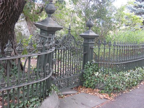 Victorian Backyard, Victorian City, Cast Iron Gates, Fence And Gate, Cast Iron Fence, Goth Garden, Gothic Garden, Wrought Iron Gate, Victorian Garden