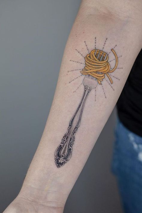 Culinary Tattoos, Food Tattoo, Micro Tattoo, Chef Tattoo, Italian Tattoos, Food Tattoos, Knife Tattoo, Cool Wrist Tattoos, Pasta Food