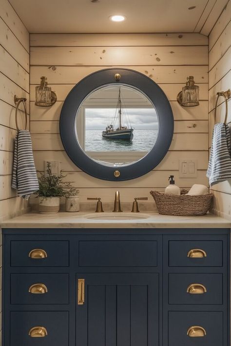 29 Rustic Barndominium Bathroom Ideas with Natural Materials Navy Nautical Bathroom, Rustic Blue Bathroom Ideas, Ship Lapped Bathroom, Lakehouse Bathroom Ideas, Barndominium Bathroom Ideas, Lake Bathroom Ideas, Vintage Nautical Bathroom, Barndominium Bathroom, Lake House Bathroom Ideas