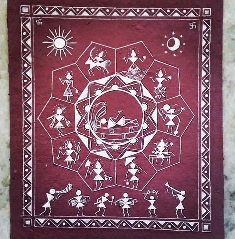 On this special day of Krishna Janma, here's the story of Dashavatar in Warli style! Did you find the eight avatar in this painting? Every element in this painting has a story to tell. Let's find out! Warli Art Dashavatar, Krishna Warli Art, Warli Painting On Fabric, Warli Art Rangoli, Varali Painting, Krishna Janma, Warli Tree, Warli Motifs, Warli Paintings