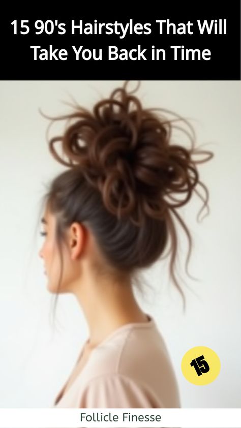 90's Hairstyles That Will Take You Back in Time,Woman with casual 90s-inspired messy bun 90s Prom Hair, Fun Hair Trends, Claw Clip Updo, 90s Hairstyles Short, Best Round Brush, Clip Updo, 90's Hairstyles, 2000s Hairstyles, Crimping Iron