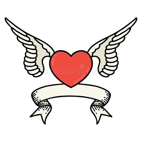 tattoo with banner of a heart with wings royalty free illustration Traditional Tattoo With Banner, Heart With Banner Tattoo, Tattoo With Banner, Traditional Tattoo Banner, Banner Tattoos, Heart With Banner, How To Make Sigils, Wings Illustration, Tattoo Banner