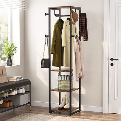 Industrial Hall Tree, Corner Hall Tree, Clothes Rack Closet, Rolling Clothes Rack, Coat Rack With Storage, 4 Tier Shelf, Rustic Coat Rack, Studio Loft, Coat Rack Shelf