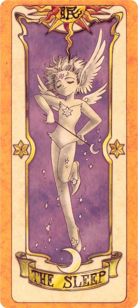 The Sleep (Kanji: 眠, Katakana: スリープ, Romanji: Surīpu) is one of the fifty-two Clow Cards. It is under The Dark and under the power of the Moon, Yue, and Eastern Magic. Sleep resembles a young, periwinkle, sprite with a six-point star on its forehead and one, overlarge, feathered ear on the left side of her head and short hair. Sleep sometimes carries a small wand, which usually produces the magical dust that induces sleep. Clow Cards, Sakura Card Captor, Tsubasa Chronicles, Magick Book, Wood Card, Magic Cards, Anime Episodes, White Owl, Clear Card