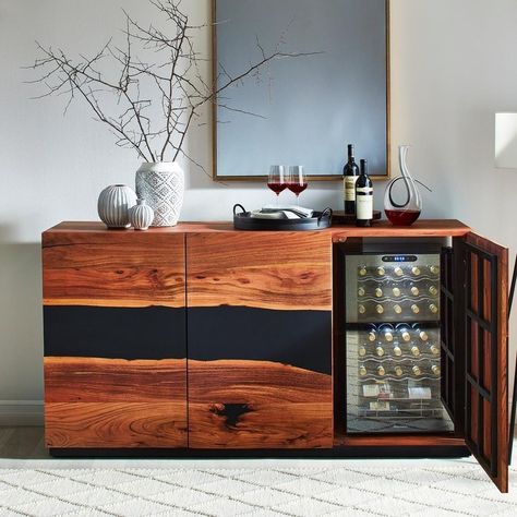 Bar Cabinet With Wine Fridge - Ideas on Foter Wine Fridge Cabinet, Wine Credenza, Acacia Wood Sideboard, Bar Console, Home Bar Cabinet, Resin Inlay, Salon Suites, Wooden Wine Rack, Home Coffee Bar