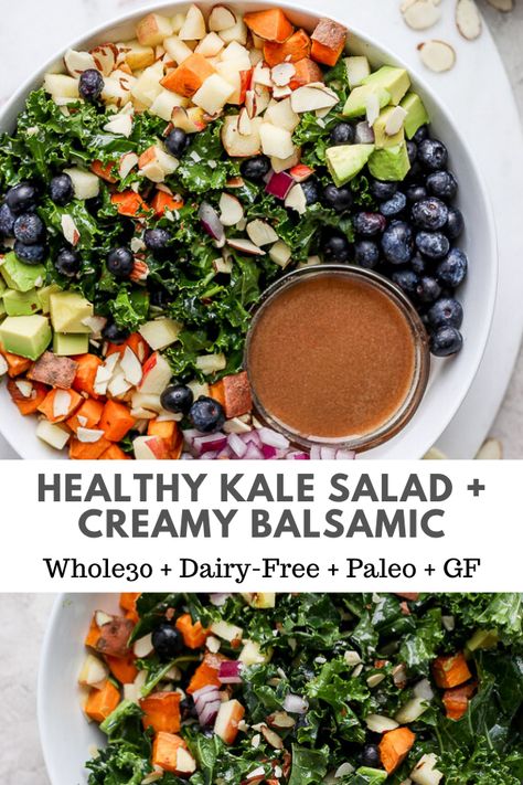 Best Whole 30 Salads, Easy Paleo Salad, Kale Salad Balsamic Dressing, Balsamic Kale Salad, Whole 30 Kale Salad, Whole 30 Salad Recipes, Whole 30 Salad, Plant Based Salads, Healthy Kale Salad