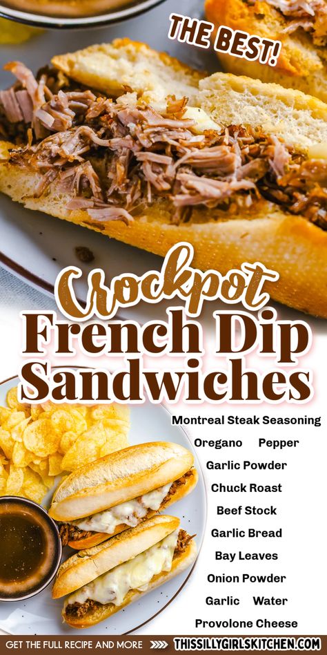 Cooked low and slow these Crock Pot French Dip Sandwiches from This Silly Girl's Kitchen are an easy and delicious recipe that is amped up and served on garlic bread. The perfect family meal that everyone will enjoy! Don't miss out, try this delicious dinner recipe today! French Dip Recipe, Crock Pot French Dip, French Dip Sandwich Crockpot, French Dip Recipes, French Dip Crock Pot, French Dip Sandwiches, Dip Sandwiches, French Dip Sandwich, Chicken Healthy