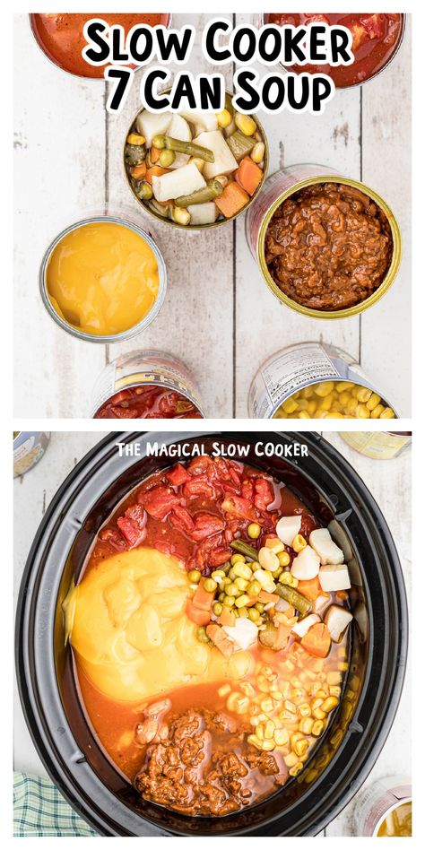 Slow Cooker 7 Can Soup is one of the easiest - yet tastiest - crockpot meals you could ever make. The Tex-Mex flavors from the Rotel tomatoes, cheddar cheese soup, and ranch style beans create a quick soup that can be served in a number of ways. - The Magical Slow Cooker Can Soup Recipe, 7 Can Soup, Ranch Style Beans, Can Soup, Easy Crockpot Soup, Magical Slow Cooker, Slow Cooker Shredded Chicken, Quick Soup, The Magical Slow Cooker