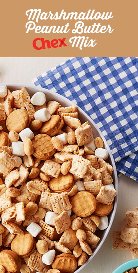 Peanut Butter Chex Mix Recipes, Labor Day Snacks, Peanut Butter Chex Mix, Peanut Butter Chex, Marshmallow Crème, Marshmallow Peanut Butter, Chex Mix Recipes Sweet, Chex Snack Mix, Chex Recipes