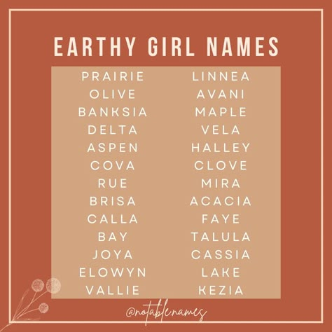 Earthy girl names are gorgeous and grounded. These names are rooted in earthy meanings or vibes, and are perfect for an earth sign baby (it's almost Taurus season)! I love how strong and beautiful these girls names are, and then add in that nature connection and it really puts them over the top for me. I like how they're all different too, some are more overt in their connection to nature, others are much more subtle. We have some frillier, girlier names and some more understated options that... Earth Names Girl, Earth Baby Names, Names That Mean Earth, On Earth We Are Briefly Gorgeous, Earth Names, Earthy Names, Earthy Girl Names, Bookish Ideas, Earthy Girl