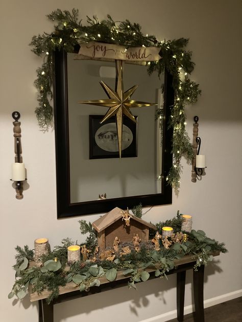 Nativity Set Entryway, Table Nativity Display, Nativity Theme Christmas Decor, Table Top Nativity Set Display Ideas, Nativity Display Ideas Holidays, Tabletop Nativity Scene Display Ideas, Decorating With Nativity Scenes, Navity Scene Display Ideas, Indoor Nativity Display Ideas