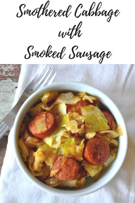 This recipe for Smothered Cabbage with Smoked Sausage was something I was pointed towards a few years ago when I was inundated with bountiful cabbage. #cabbagerecipe #southerncabbage #cabbagerecipes #quickdinnerrecipes #dinnerrecipe via @LttlHouseBigAK Cabbage With Smoked Sausage, Smothered Cabbage Recipe, Smothered Cabbage, Cabbage And Smoked Sausage, Deli Recipes, Quick Foods, Organically Addison, Oven Meals, Muffins Breakfast