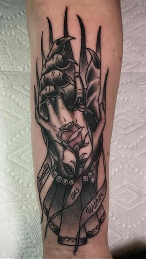 Disney Beast Tattoo, Beauty And The Beast Sleeves, Beauty Beast Tattoo Couples, Beauty And Beast Tattoo Couple, Beauty And The Beast Couples Tattoo, Beauty And The Beast Tattoo Ideas, Beauty And The Beast Tattoo Couples, Dark Disney Tattoos, The Beast Tattoo