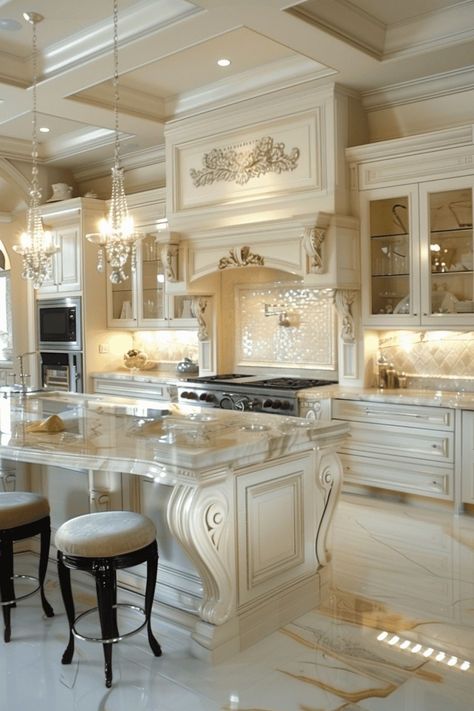 White Big Kitchen, Modern Classic Interior Kitchen, Hollywood Glam Kitchen, Old Money Kitchen, Luxury White Kitchen Design, Kitchen Decluttering, Grandma Kitchen, Antique White Kitchen Cabinets, Antique White Kitchen