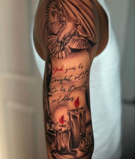 Tattoo For Upper Arm, Biblical Sleeve Tattoos, Upper Arm Sleeve Tattoos For Guys, Back Of Forearm Tattoo Men, Upper Shoulder Tattoo Men, Upper Shoulder Tattoo Men Ideas, Upper Arm Tattoo Men, Top Forearm Tattoos, Shoulder Tattoo Men