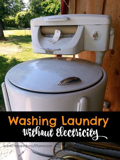 Washing Laundry Without Electricity | PreparednessMama Pioneer Skills, Alternative Energy Projects, Old Washing Machine, Survival Life Hacks, Washing Laundry, Homestead Survival, Survival Life, Emergency Prepping, Wilderness Survival