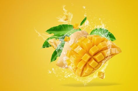 Mango fruit with mango cubes and slices ... | Premium Photo #Freepik #photo #food #leaf #fruit #color Mango Logo, Smoothie Jar, Papaya Juice, Business And Advertising, Fruit Logo Design, Juice Ad, Mango Collection, Mango Drinks, Healthy Fruit Smoothies