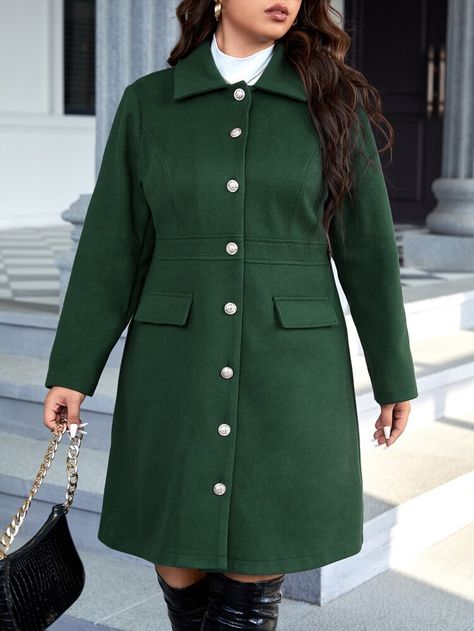 Free Returns ✓ Free Shipping On Orders $49+ ✓. Plus Flap Detail Button Front Overcoat- Plus Size Overcoats at SHEIN. Plus Size Elegant, Elegant Coats, Woolen Coat, Lapel Collar, Long A Line, Dark Green, Coats For Women, Collar Styles, Button Up