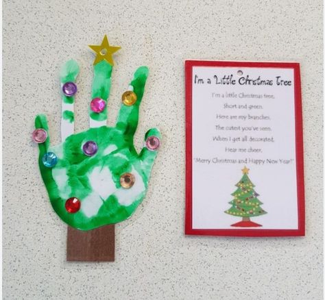 Christmas Tree Poems For Kids, Christmas Tree Handprint Craft, Christmas Tree Handprint Art, Hand Print Crafts For Kids Christmas, Hand Print Christmas Cards, Christmas Tree Hand Print, Hand Print Christmas Tree, Christmas Tree Poem, Preschool Christmas Gifts