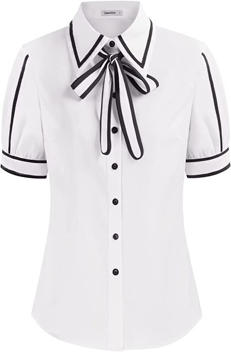 Bow Tie Women, Green Bow Tie, The Office Shirts, Bow Blouse, Work Shirts, White Long Sleeve, Collar Shirts, White Tops, Shirts Tops