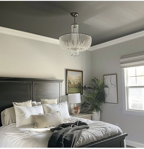 Bedroom With Dark Ceiling, Painted Dining Room Ceiling, Colored Ceiling Ideas, Colored Ceiling Bedroom, Painted Bedroom Ceiling, Painted Ceiling Bedroom, Tray Ceiling Paint Ideas, Painted Ceiling Ideas, Dark Painted Ceiling